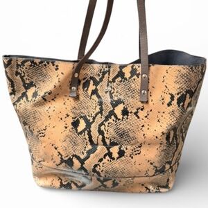 Cole‎ Haan Snakeskin Print Tote Bag Tan Black Faux Leather Large Shoulder Bag